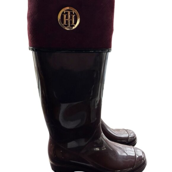 Tommy Hilfiger Rubber Dark Red Merlot Purple Tall Rain Snow Boots Women’s Sz 8M - Picture 1 of 6